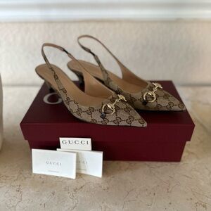Gucci Beige Monogram Slingback Heels